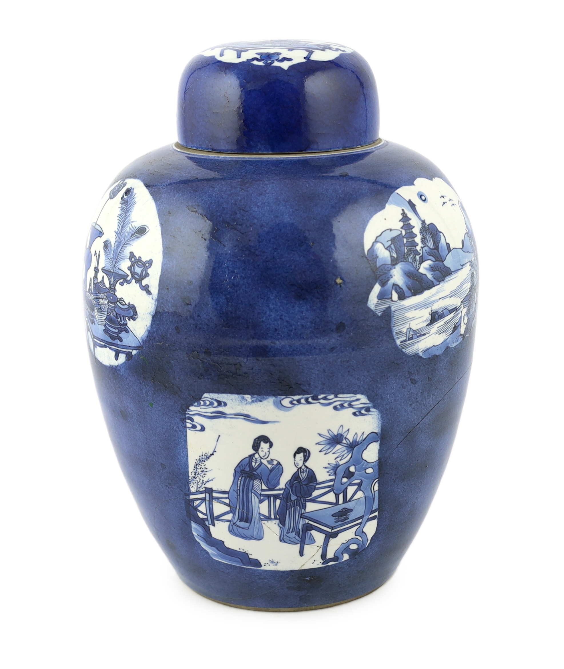 A large Chinese powder blue jar and cover, Kangxi period, cracked and a section glued